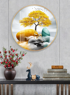 招财鹿圆形铝合金玄关轻奢装饰画