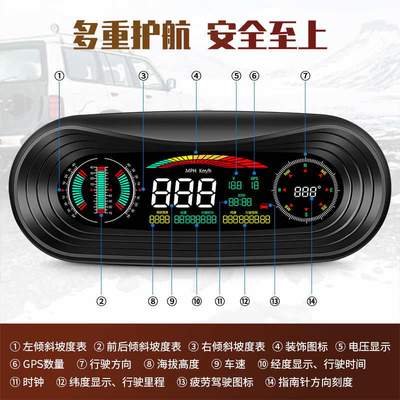 越野SUV改装仪表汽车GPS海拔车载指南针平衡护航仪水平坡度仪通用 - 图0