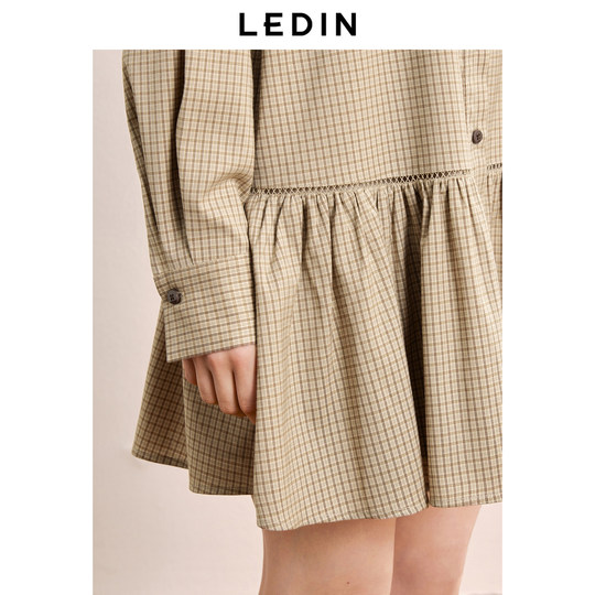 Leding retro plaid hollow shirt dress autumn new college style contrast tie long-sleeved dress