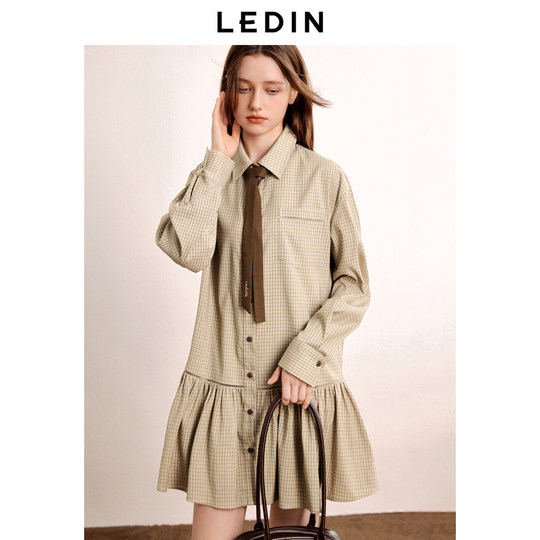 Leding retro plaid hollow shirt dress autumn new college style contrast tie long-sleeved dress