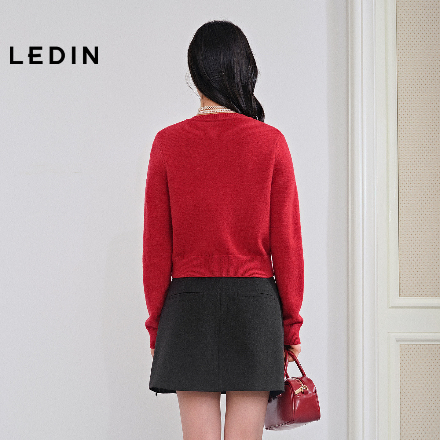 乐町小香风针织开衫冬季新款新年节庆正肩上衣蝴蝶结内搭毛衣