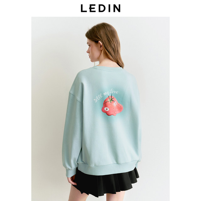 Leding round neck loose sweatshirt 2025 spring new style smudged large picture printed top Korean style fresh blue sweatshirt
