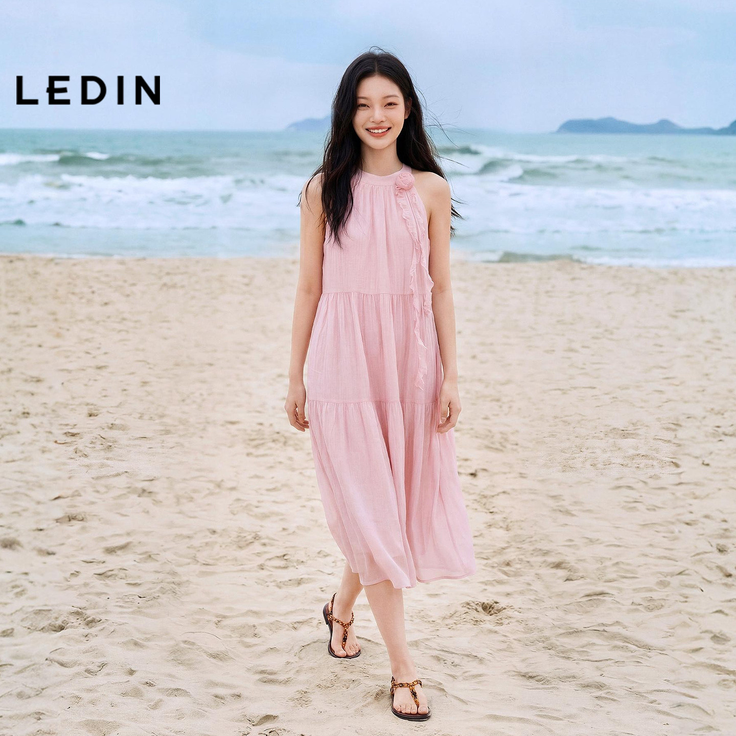 乐町温柔风挂脖 A字连衣裙女夏装立体花朵褶皱层层蛋糕裙仙女裙子