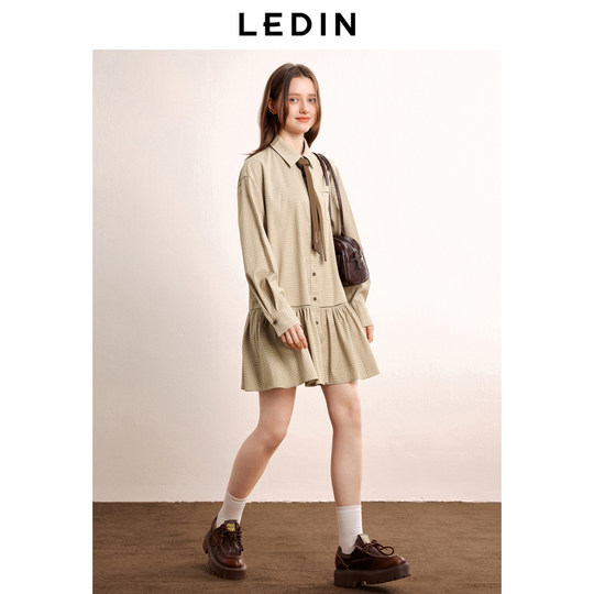 Leding retro plaid hollow shirt dress autumn new college style contrast tie long-sleeved dress