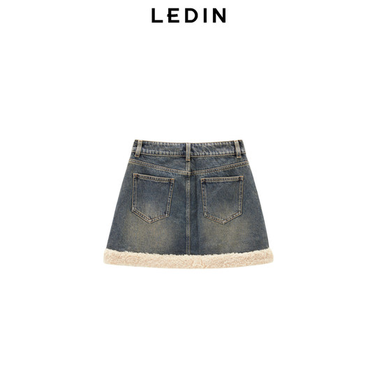 【商场同款】乐町仿羊羔毛拼接牛仔短裙新款复古半身裙C2HEE4226
