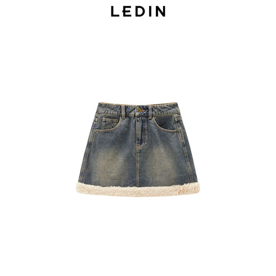【商场同款】乐町仿羊羔毛拼接牛仔短裙新款复古半身裙C2HEE4226