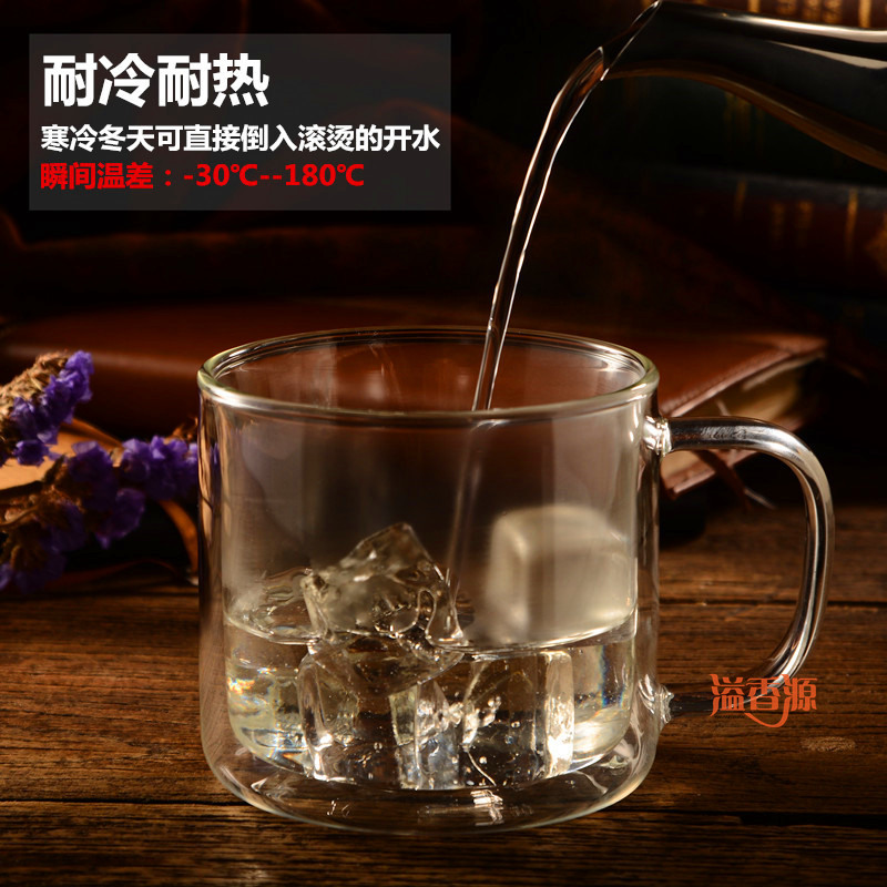 耐热双层透明玻璃杯网红大口喝茶水杯子大号有盖带把咖啡杯马克杯 - 图0