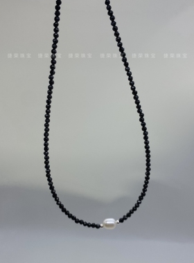 天然黑尖晶石珍珠项链黑色水晶链