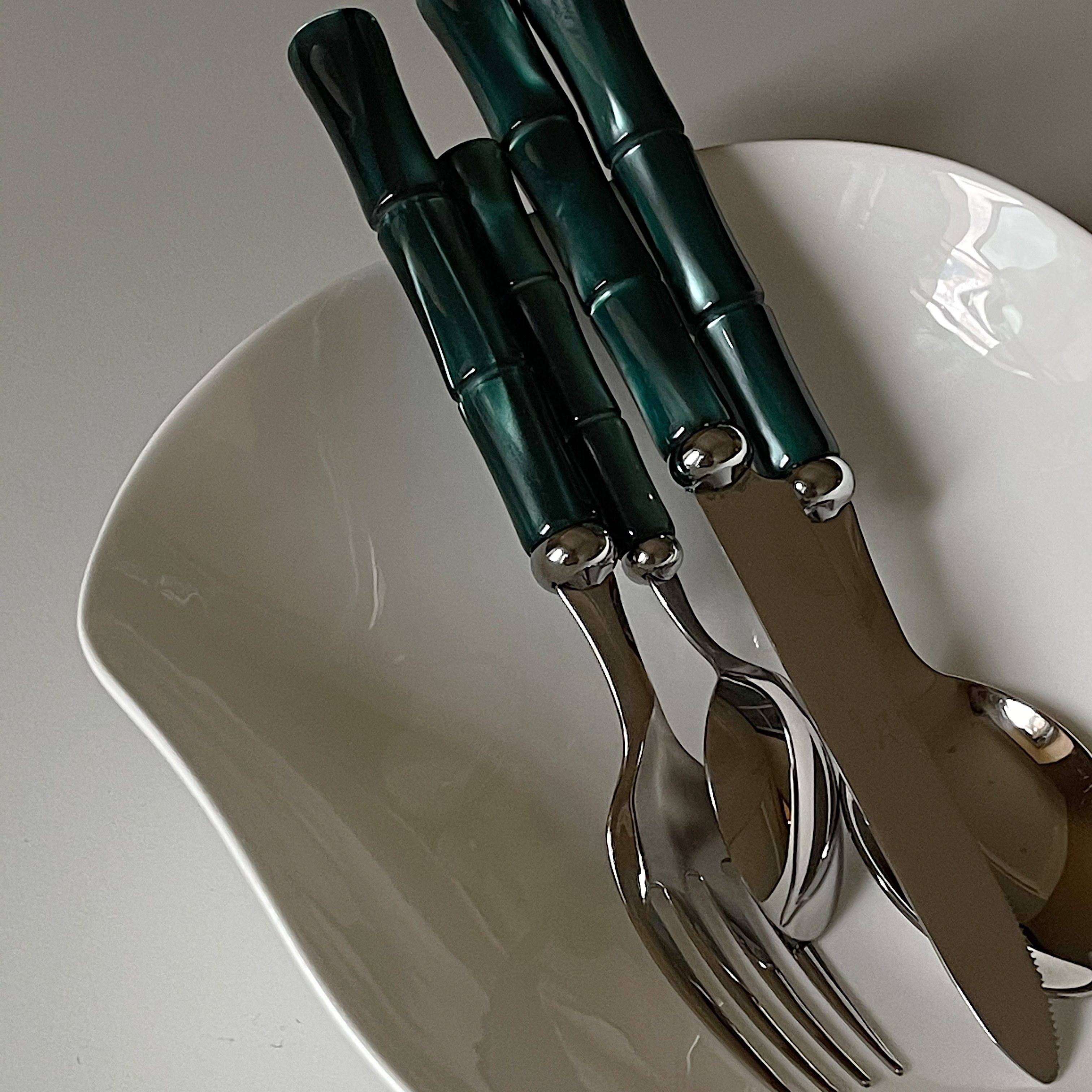 [YURUUI设计师]意大利Rivadossi橄榄绿/深绿色竹节刀叉勺西餐餐具,淘宝优惠券,粉丝福利购,淘宝优惠卷