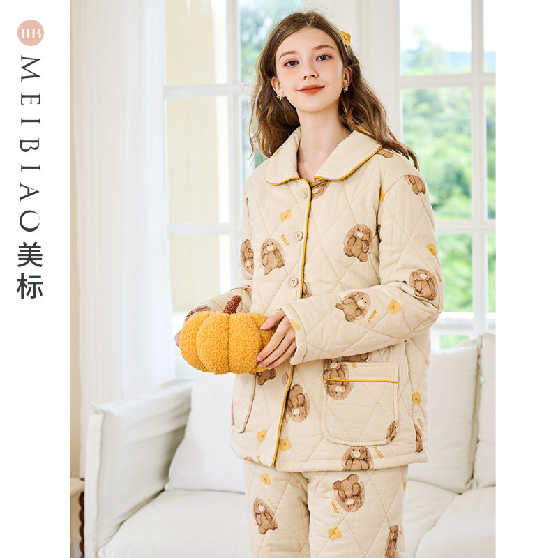 美标三层加厚夹棉家居服女秋冬季新款保暖纯棉套装卡通全棉质睡衣,淘宝优惠券,粉丝福利购,淘宝优惠卷