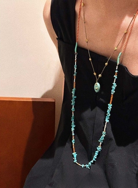 度假长项链叠戴手作编织长款碎绿松石项链搭橘锆石异域风情