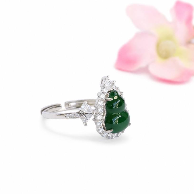 Guan Yu S925 silver inlaid with natural A grade jade ring gourd women's ring full of green jade jewelry S6082704