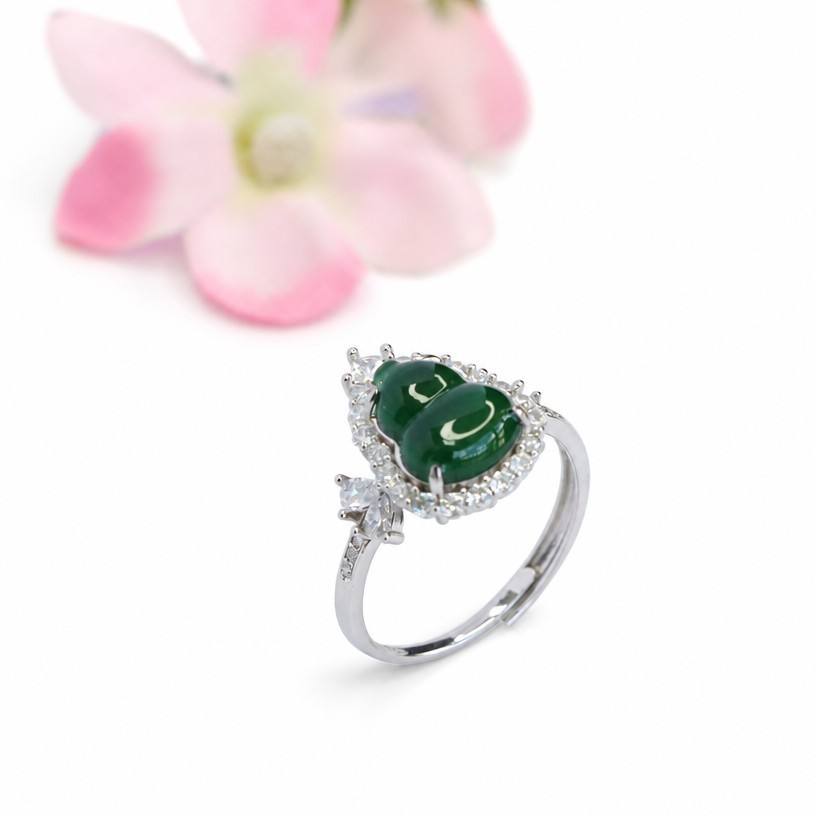 Guan Yu S925 silver inlaid with natural A grade jade ring gourd women's ring full of green jade jewelry S6082704