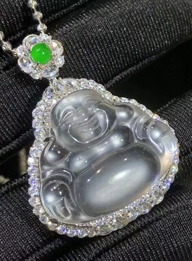S925银镀厚真金巴西绿玉髓水沫玉佛公吊坠天然高冰玻璃种翡翠ZB10