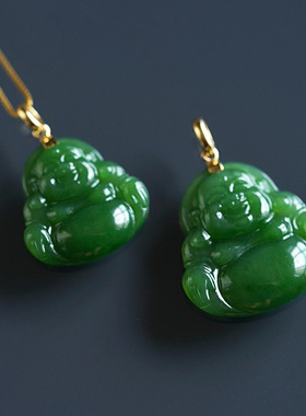 和田玉碧玉吊坠14k包金扣头挂坠碧玉弥勒佛项链锁骨链民族风饰品