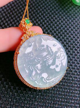 天然a货翡翠蓝水山水铜镀金镶冰种玉石吊坠项链挂件直播货源工厂