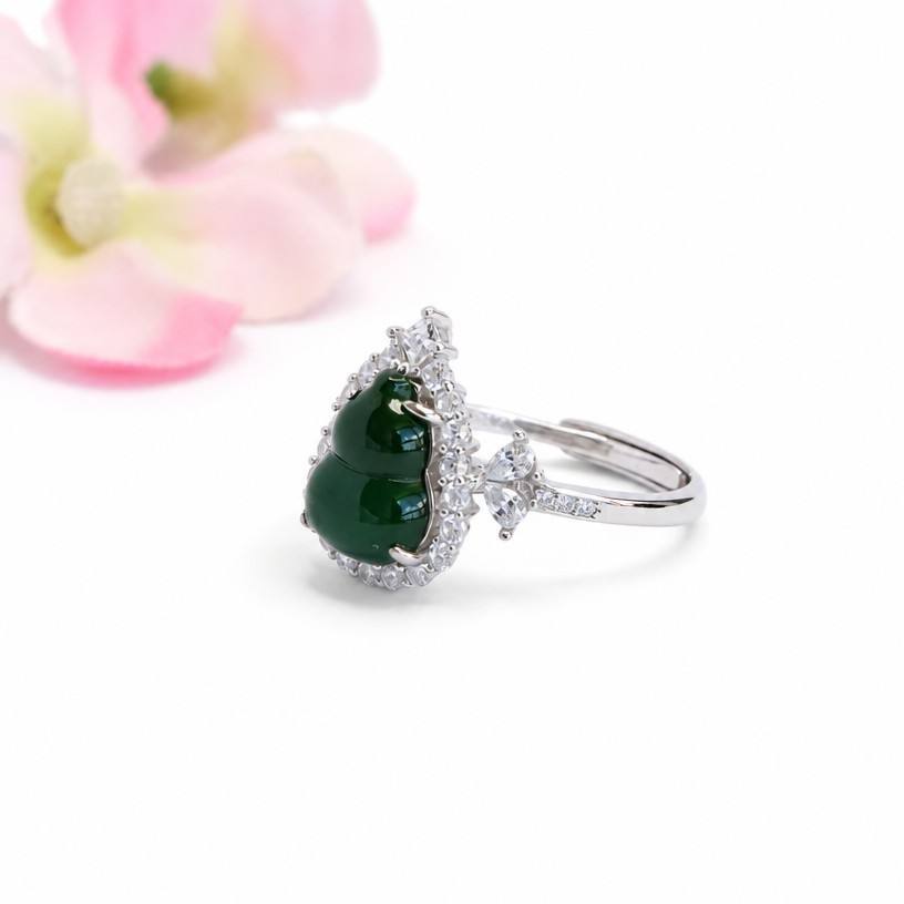 Guan Yu S925 silver inlaid with natural A grade jade ring gourd women's ring full of green jade jewelry S6082704