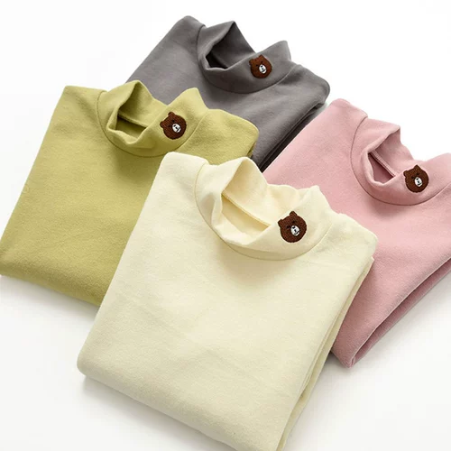 Детская хлопковая приятная телу осенняя футболка для мальчиков, высокий воротник, с вышивкой, с медвежатами