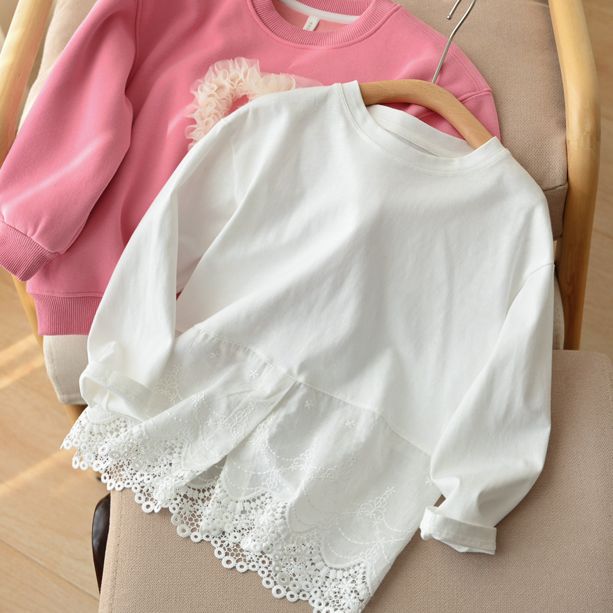 亲子款A类 女士全棉拼接蕾丝T恤 儿童纯棉长袖打底衫 春秋款女装,淘宝优惠券,粉丝福利购,淘宝优惠卷