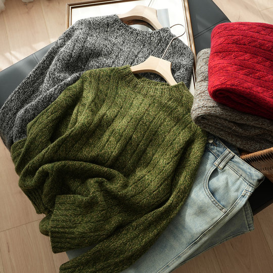 锭纺全羊毛 26支双股纱 女士圆领毛衣 花纱针织保暖打底 冬款