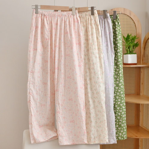 田园风 女士双层纱布全棉家居裤 纯棉睡裤起居裤 长裤子 春秋款 - 图0