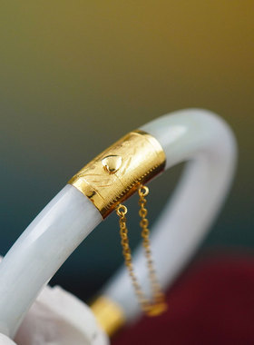 早期天然白糯种翡翠手镯585纯金14K金首饰手环老货老玉收藏级孤品