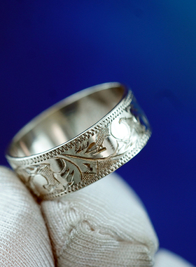 中古日本纯银手工鹫尾花雕刻精美艺术戒指首饰个性饰品复古送朋友