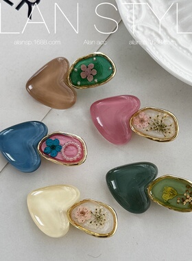 熹悦阿斓新款珍珠椭圆流沙颗粒感滴胶水绿叶粉色夹子饰品边夹顶