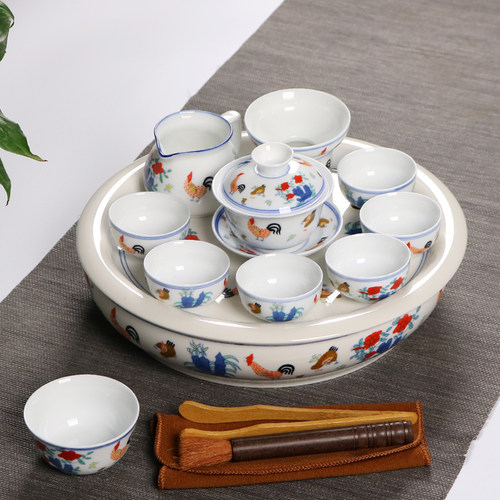 中式家用鸡缸杯茶具套装仿古大明成化斗彩茶杯陶瓷茶盘茶壶礼盒装 - 图0