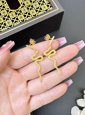 沙金生肖蛇形项链个性耳坠女活口戒指百搭弯曲蛇年首饰品套装配饰