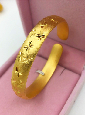 仿越南沙金手镯女宽面仿黄金古法传承亚光磨砂开口手镯铜镀金首饰