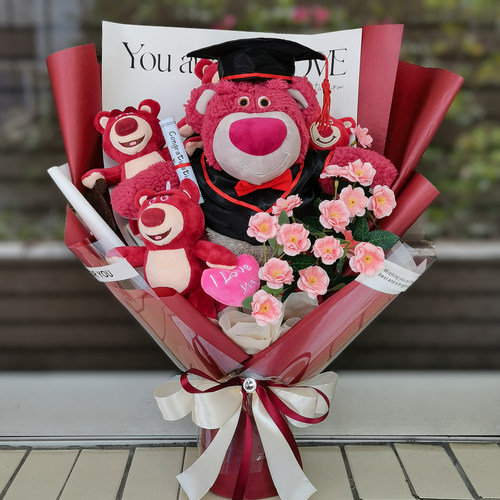 卡通毛绒玩具公仔玩偶草莓熊花束玫瑰花生日礼物闺蜜女朋友毕业照 - 图0