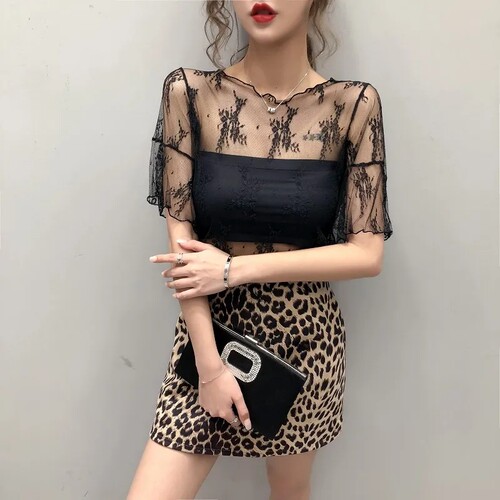 透视蕾丝打底衫女短袖t恤女2023款薄纱内搭纱衣仙气镂空网纱上衣 - 图3