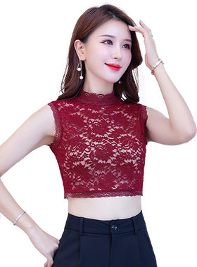 无袖短款镂空透视包脖子女百搭半高立领装饰假领子弹力修身蕾丝衫