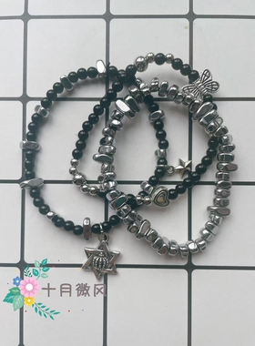 手工自制Y2K暗黑叠戴弹力手链新中式甜酷风爱心蝴蝶撞色手环男女