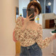 French Floral Square Collar Top Shirt Women's Design Niche Puff Sleeve Slim Pleated Spring Style Collarbone Exposed Shirt