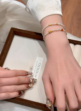 赛赛莉安天然淡水珍珠葫芦南红纯银手链叠戴小众设计高级感网红女