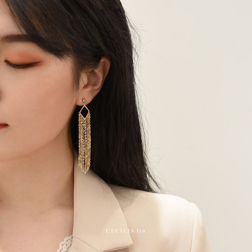 CECILIA纯手工轻奢品质14K包金金属流苏气质长款耳环冷淡风耳夹女 - 图2