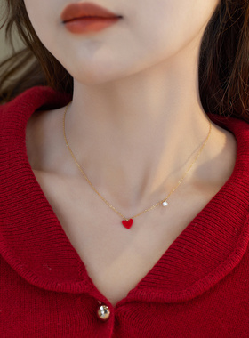白月光红爱心天然珍珠项链