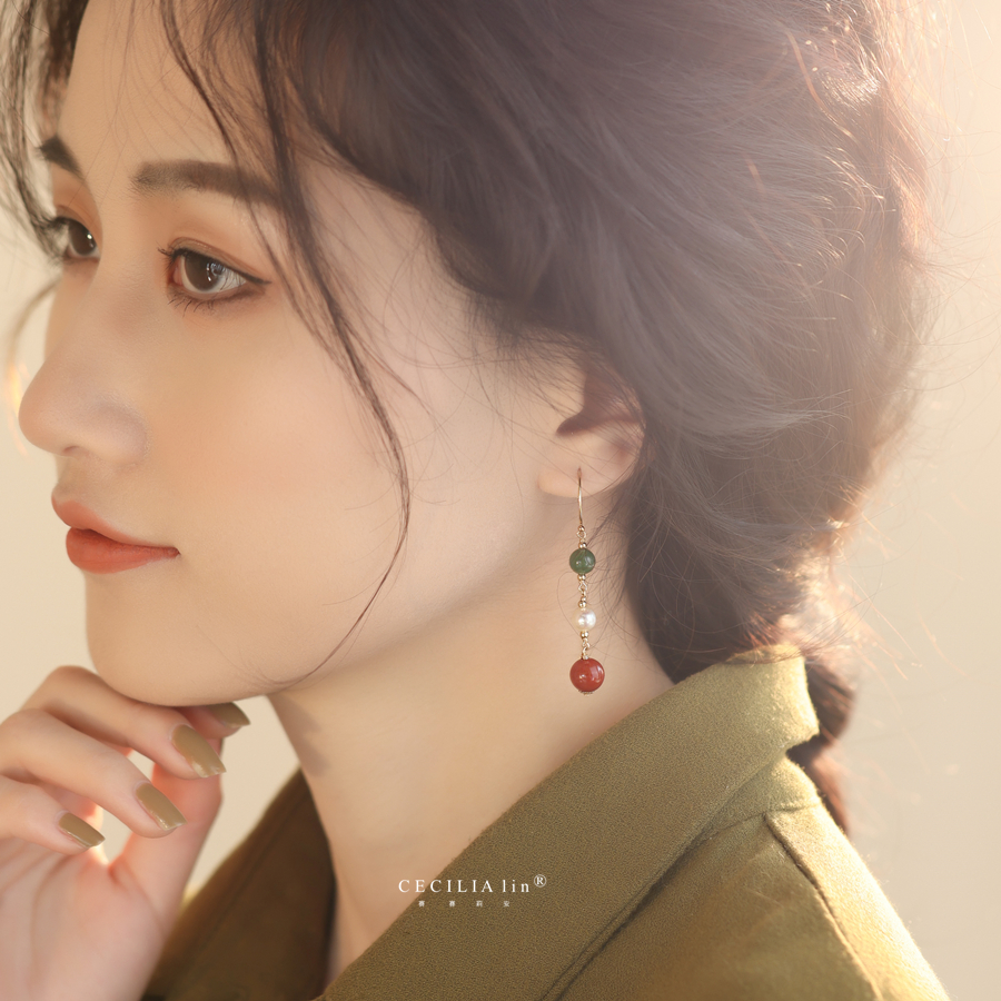 赛赛莉安原创设计和田玉碧玉珍珠玛瑙14K包金耳环轻奢无耳洞耳夹 - 图2