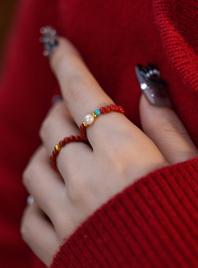 天然珍珠南红绿松999纯银戒指