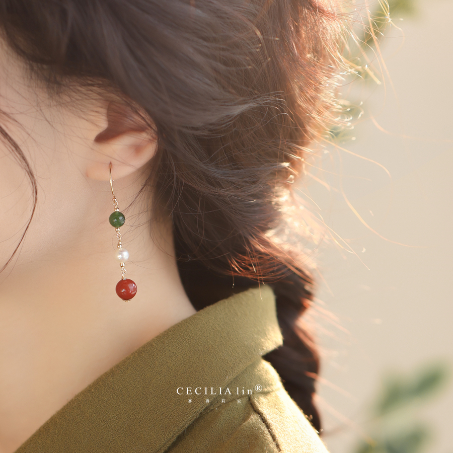 赛赛莉安原创设计和田玉碧玉珍珠玛瑙14K包金耳环轻奢无耳洞耳夹 - 图0