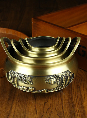 纯黄铜雕花桥耳香炉拜神供奉摆件