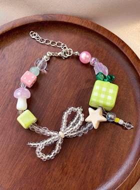 多巴胺黄色甜酷蝴蝶结串珠项链女辣妹高级感小众锁骨链配饰颈链