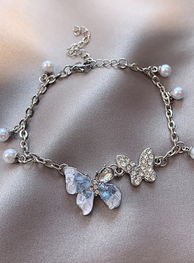 渐变蓝色碎石蝴蝶手镯手链女轻奢小众高级感精致手串闺蜜百搭手饰