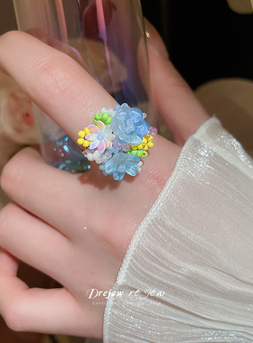 多巴胺绣球彩色花朵戒指女ins夏日海边度假风甜美食指戒小众指环