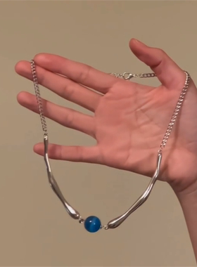 甜酷辣妹蓝色玻璃珠项链女