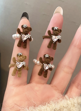 珍珠小熊植绒戒指女夸张小众