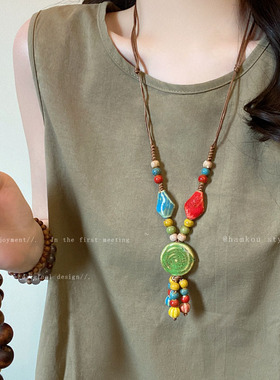 民族风长款彩色陶瓷项链女新中式复古高级感挂脖毛衣链小众配饰品