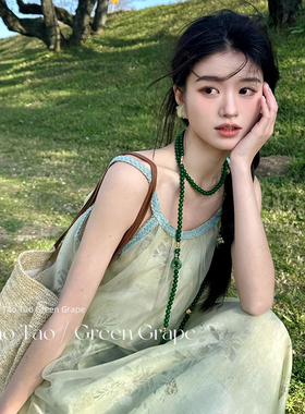 新中式国风绿色串珠项链女民族风叠戴长款毛衣链古风旗袍小众配饰